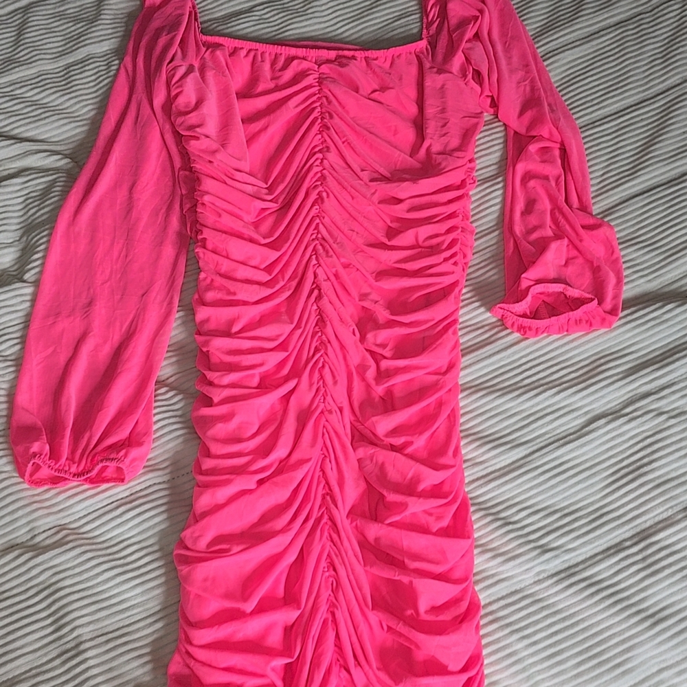 Pink Ruched Long Sleeve Dress
